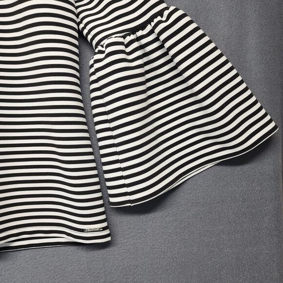 Calvin Klein Top Womens Medium Black White Striped Ruffle Sleeve Office Preppy - Picture 9 of 12